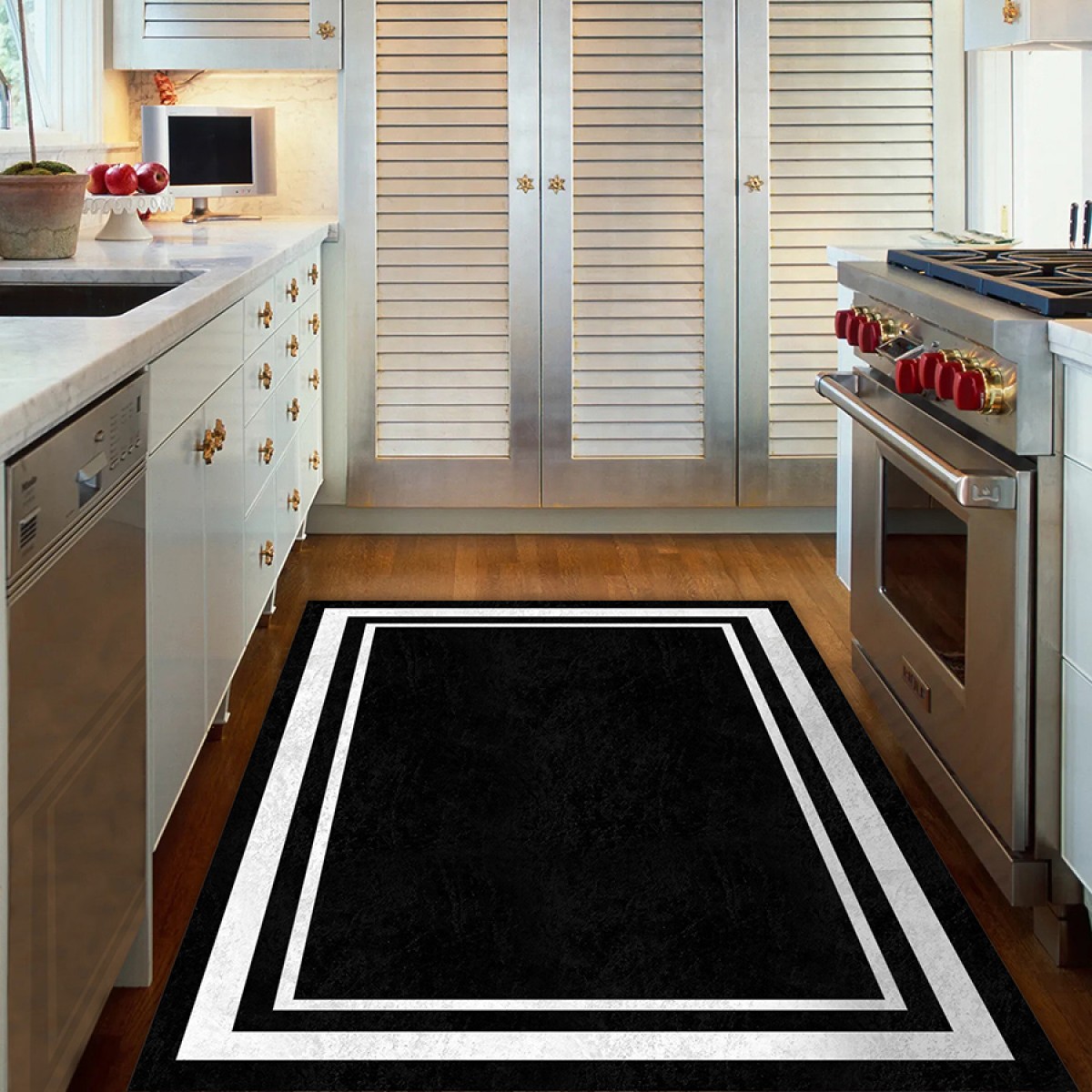 Siyah Beyaz Geometrik Mutfak Halısı